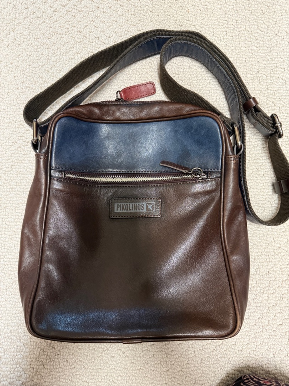 PIKOLINOS Brown Leather Messenger Bag with Blue Panel